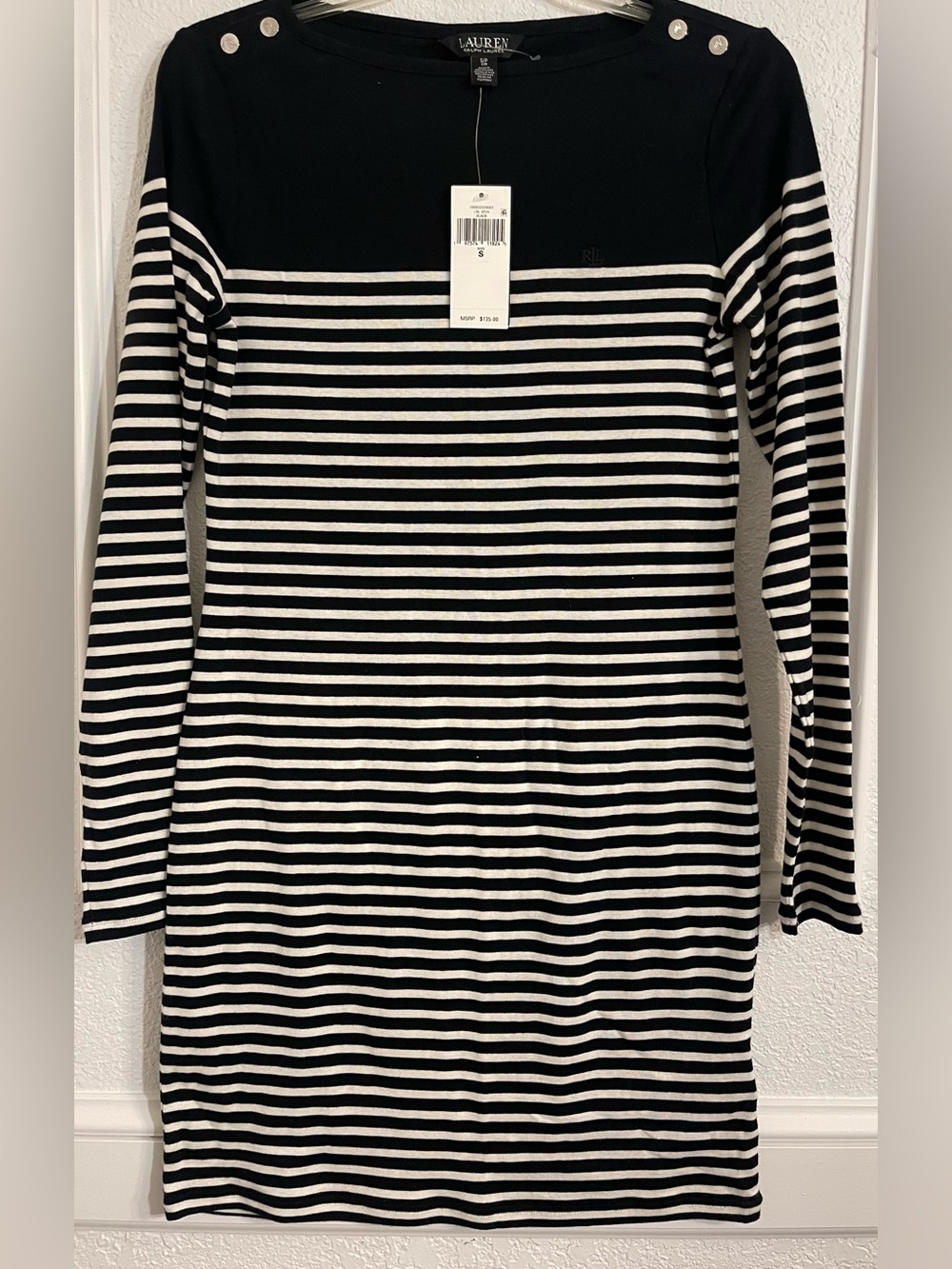 Lauren Ralph Lauren Navy Blue and White Striped Long Sleeve Knit Dress